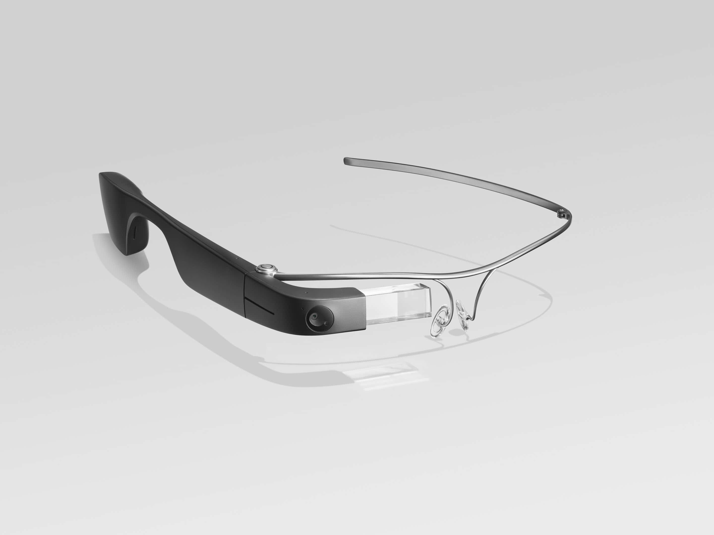 Photo of Envision Glasses with the standard titanium frames; the frames are very lightweight metal just a few millimetres wide