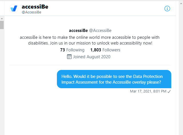 Screenshot of a DM sent to AccessiBe, asking for a copy of its DPIA