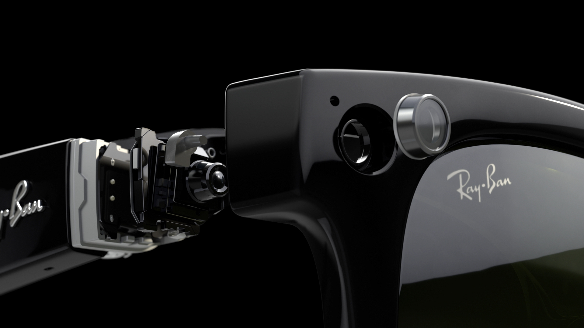 Close-up of the right temple area of the Ray-Ban Meta Glasses, cut-away to reveal the integration of technology including the capture camera. The frames are black and the Ray-Ban logo is visible on the frames and at the top of the lens.